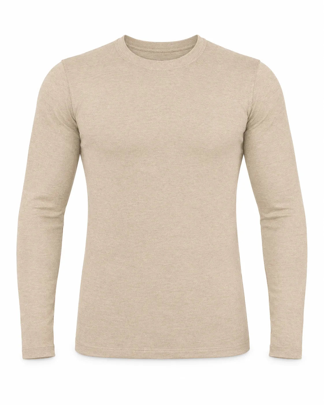 Men's beige basic long sleeve T-shirt with crew neckline