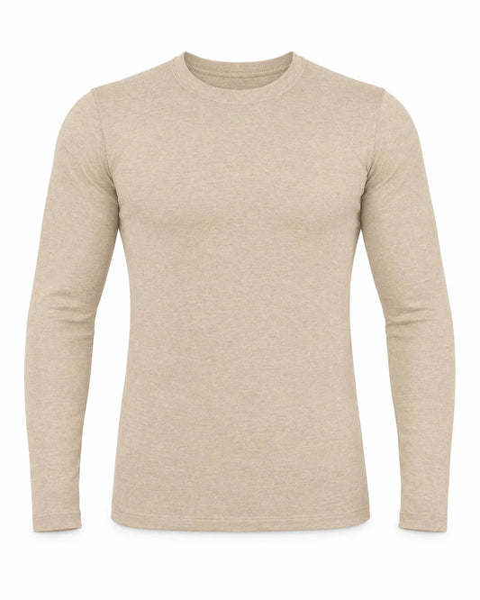 Men's beige basic long sleeve T-shirt with crew neckline