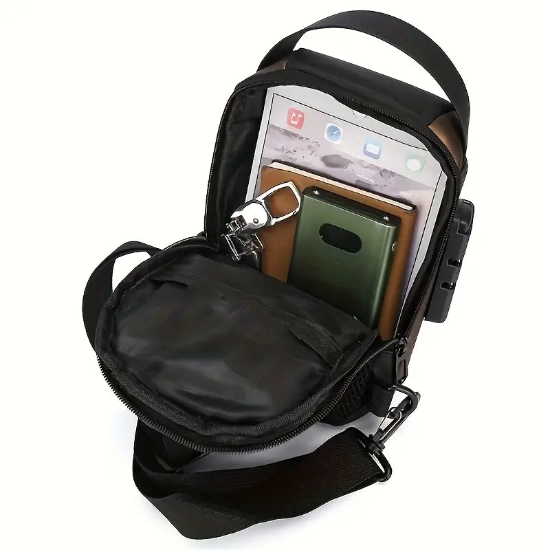 Black crossbody bag with compartments containing a phone, wallet, and keys on a white background