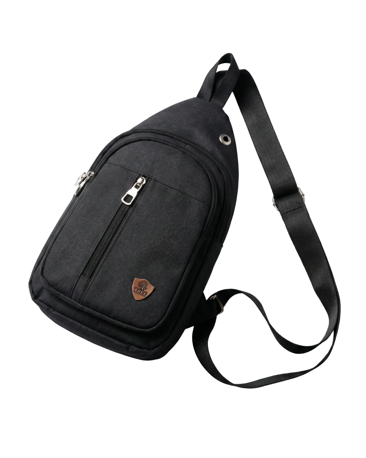 Black sling bag with a strap on a white background