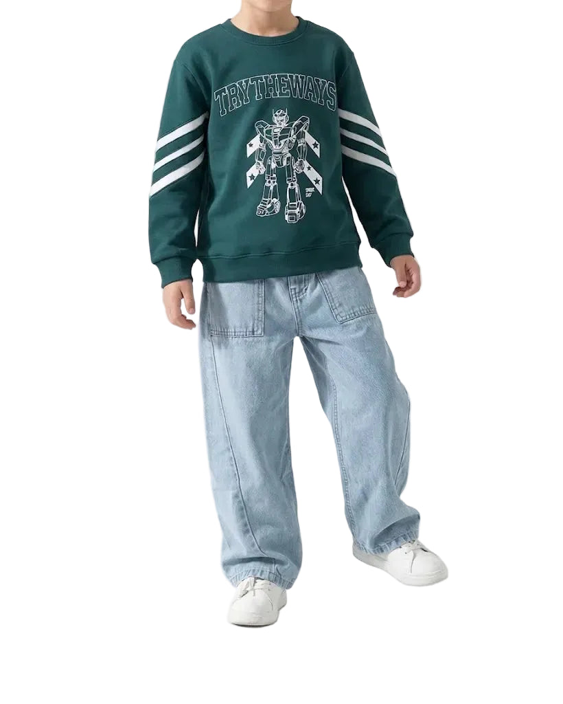 A child wearing a dark green crewneck sweatshirt with a white graphic print and 'TRUCKERS' text, paired with light blue jeans and white sneakers, shown against a plain white background.