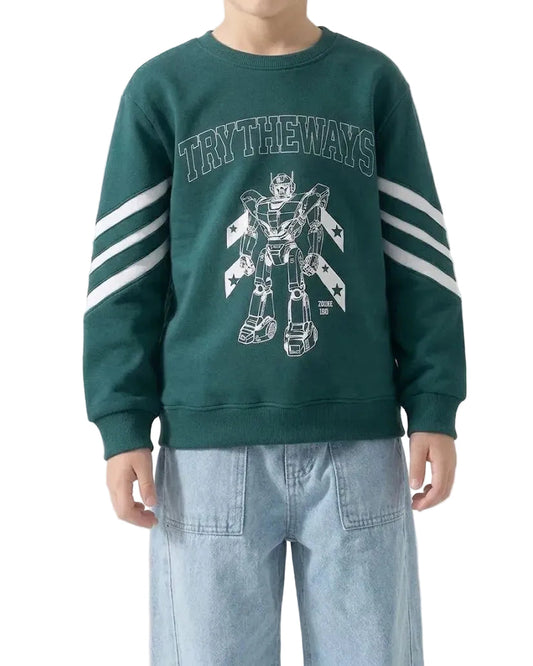 A child wearing a dark green crewneck sweatshirt with a white robot graphic and 'TRY THE WAYS' text on the front, paired with light blue jeans, against a plain white background.
