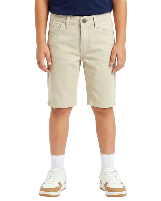 Back image: Back view of boys beige shorts with a comfortable fit from TREE store.