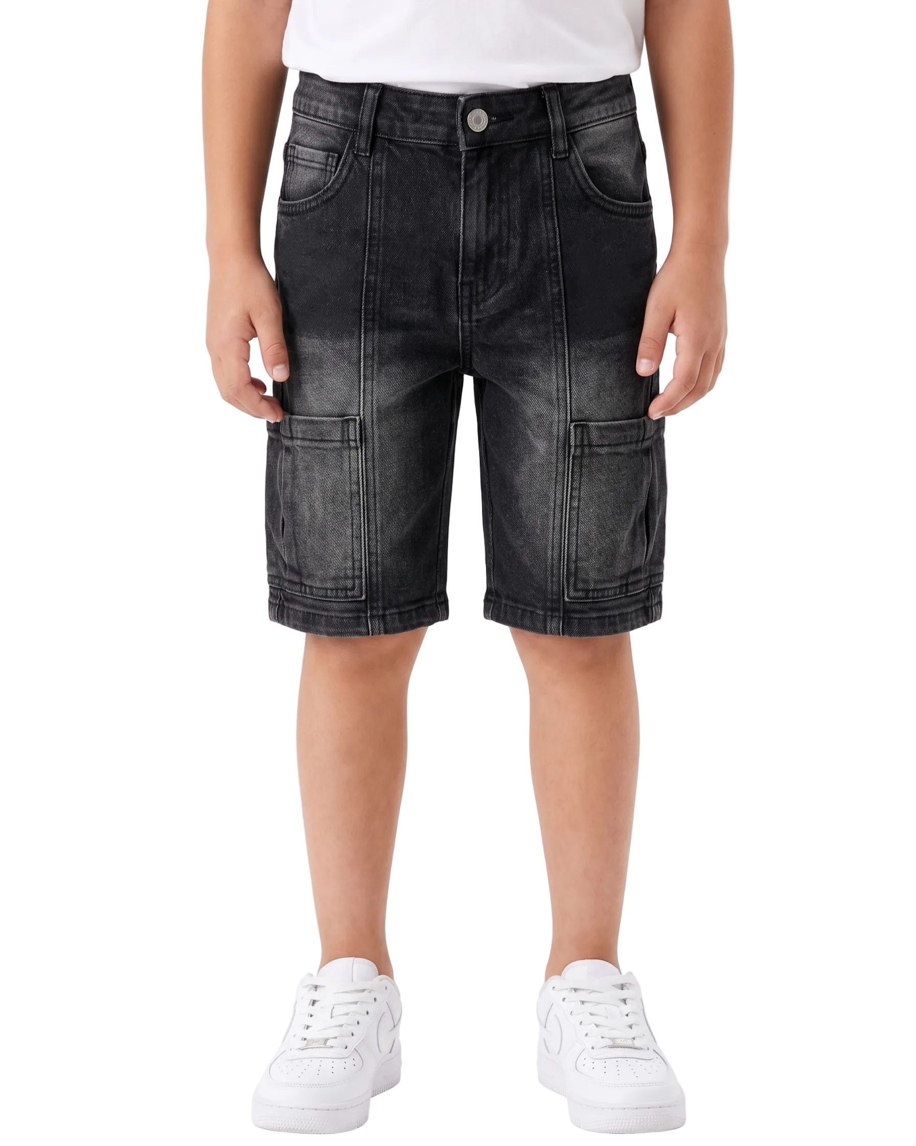Back image: Back view of boys black denim shorts with a comfortable fit from TREE store.