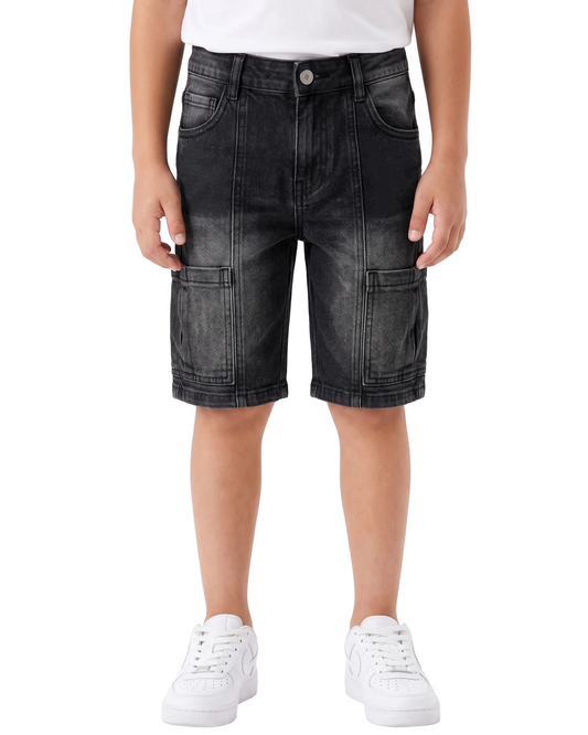 Back image: Back view of boys black denim shorts with a comfortable fit from TREE store.