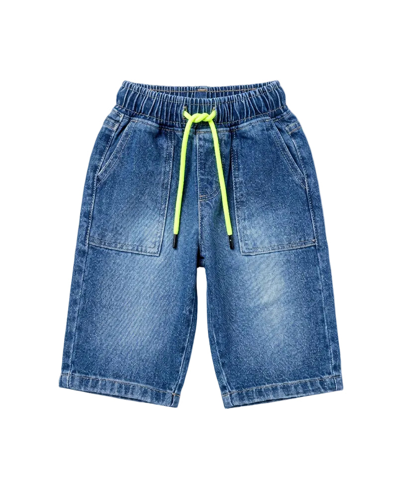 Back image: Back view of boys blue denim shorts with a comfortable fit from TREE store.