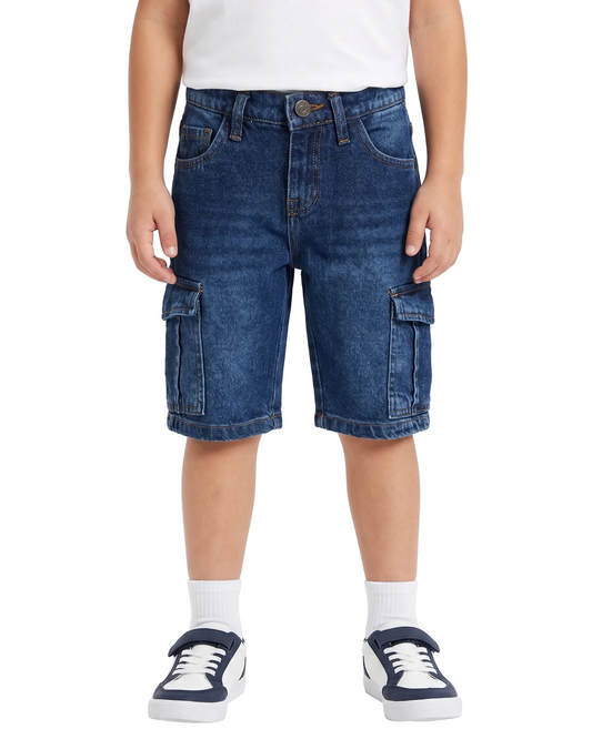 Back image: Back view of boys dark blue denim shorts with a comfortable fit from TREE store.