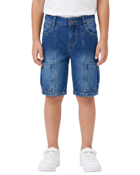 Back image: Back view of boys dark blue denim shorts with a comfortable fit from TREE store.