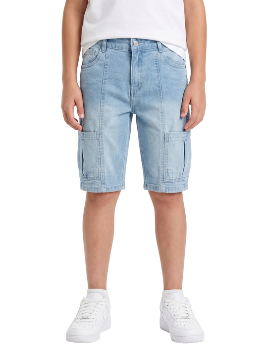 Back image: Back view of boys light blue denim shorts with a comfortable fit from TREE store.