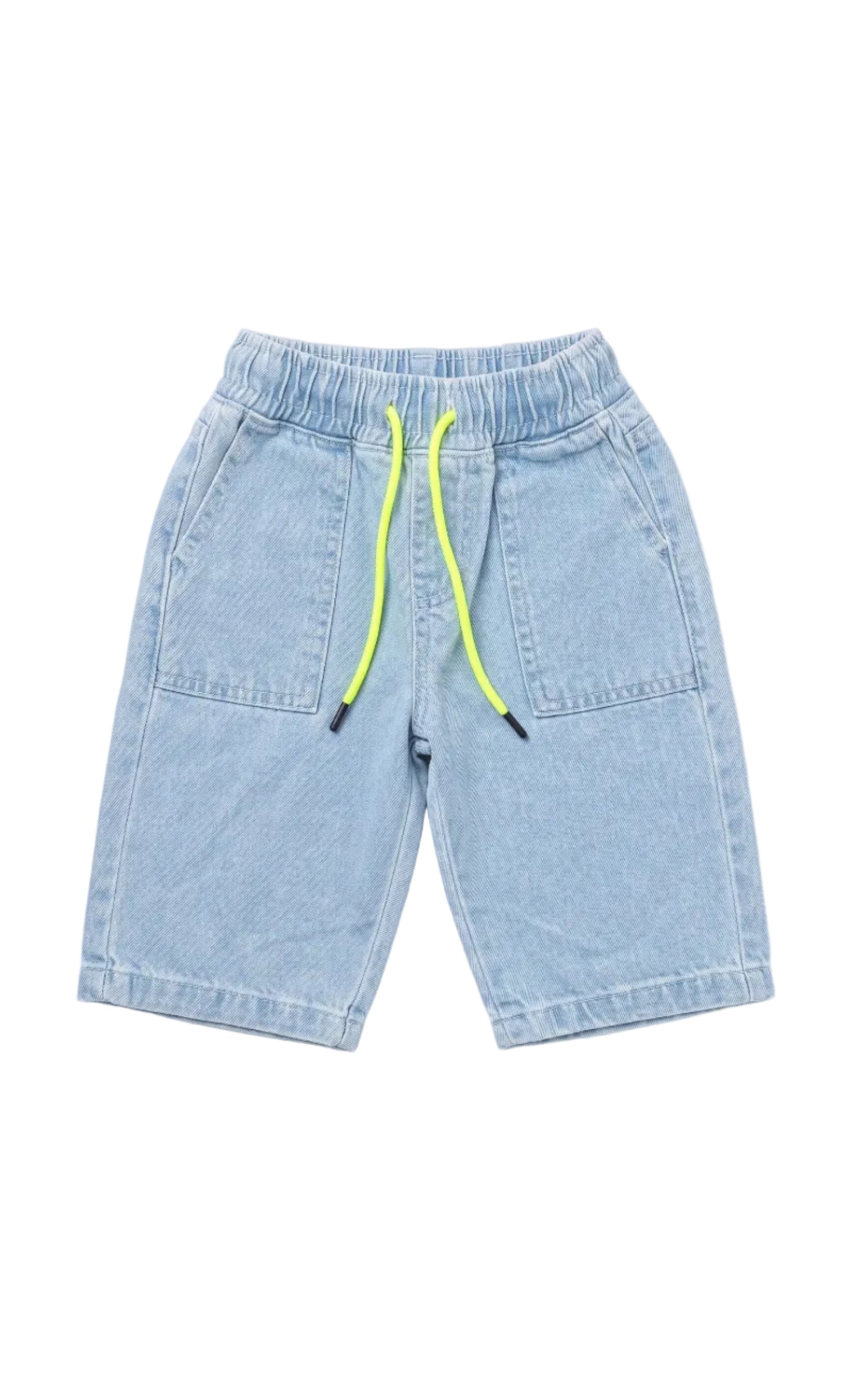 Back image: Back view of boys light blue denim shorts with a comfortable fit from TREE store.