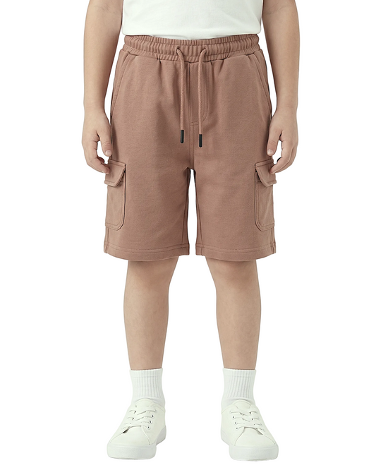 Back image: Back view of boys light brown shorts with a comfortable fit from TREE store.