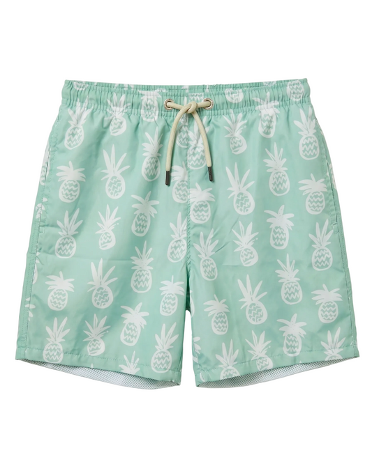 Back image: Back view of boys mint swim shorts with a comfortable fit from TREE store.