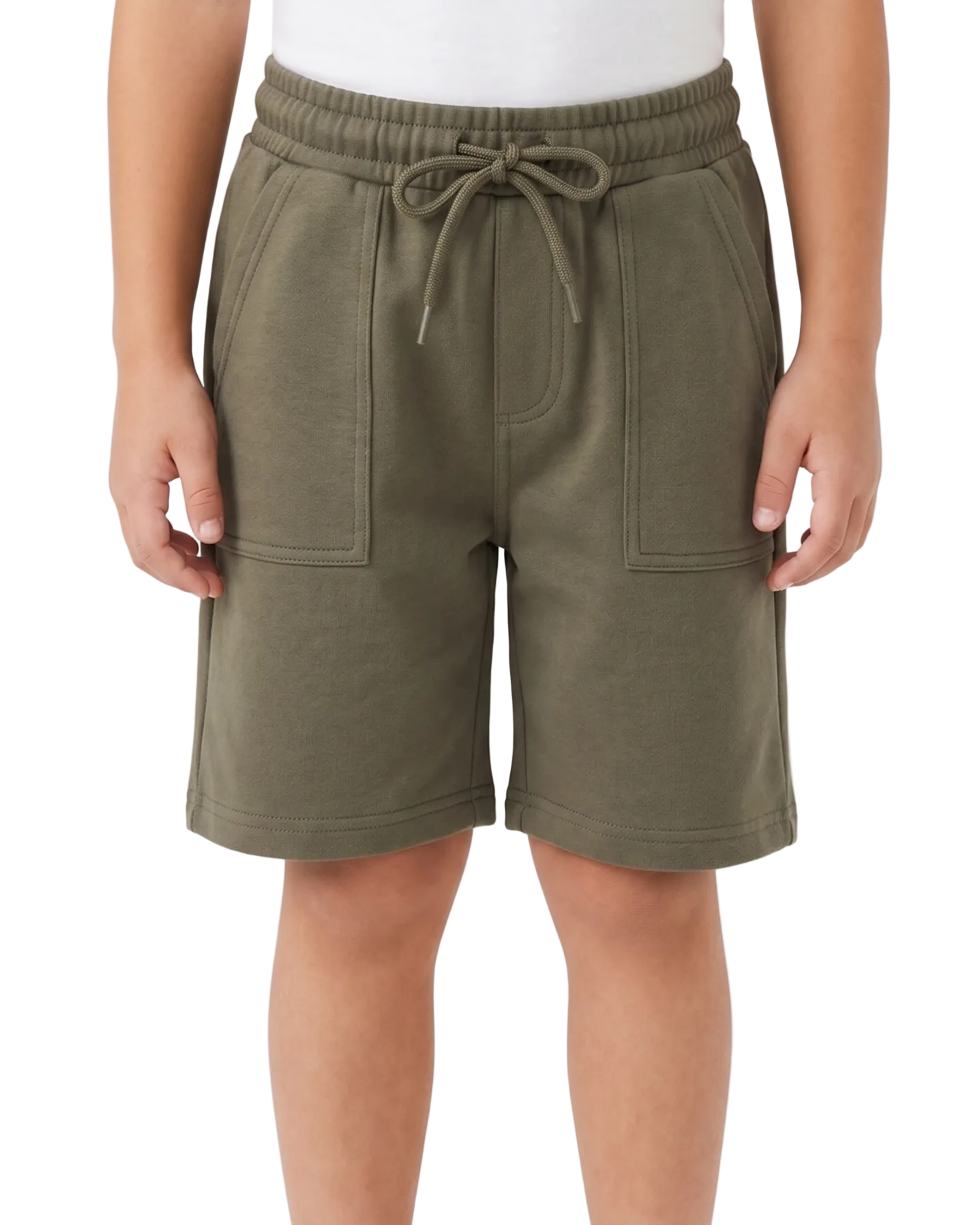 Back image: Back view of boys olive shorts with a comfortable fit from TREE store.