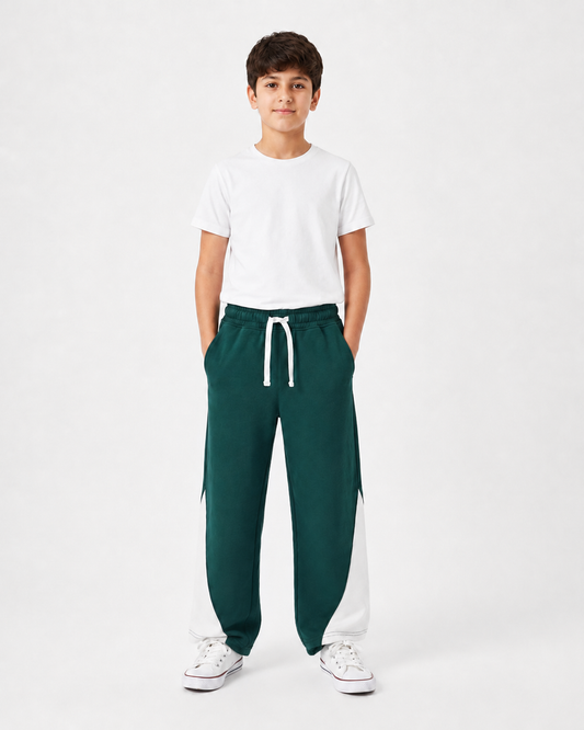 Boys’ Wide-Leg Sweatpants with Side Panels – Dark Green