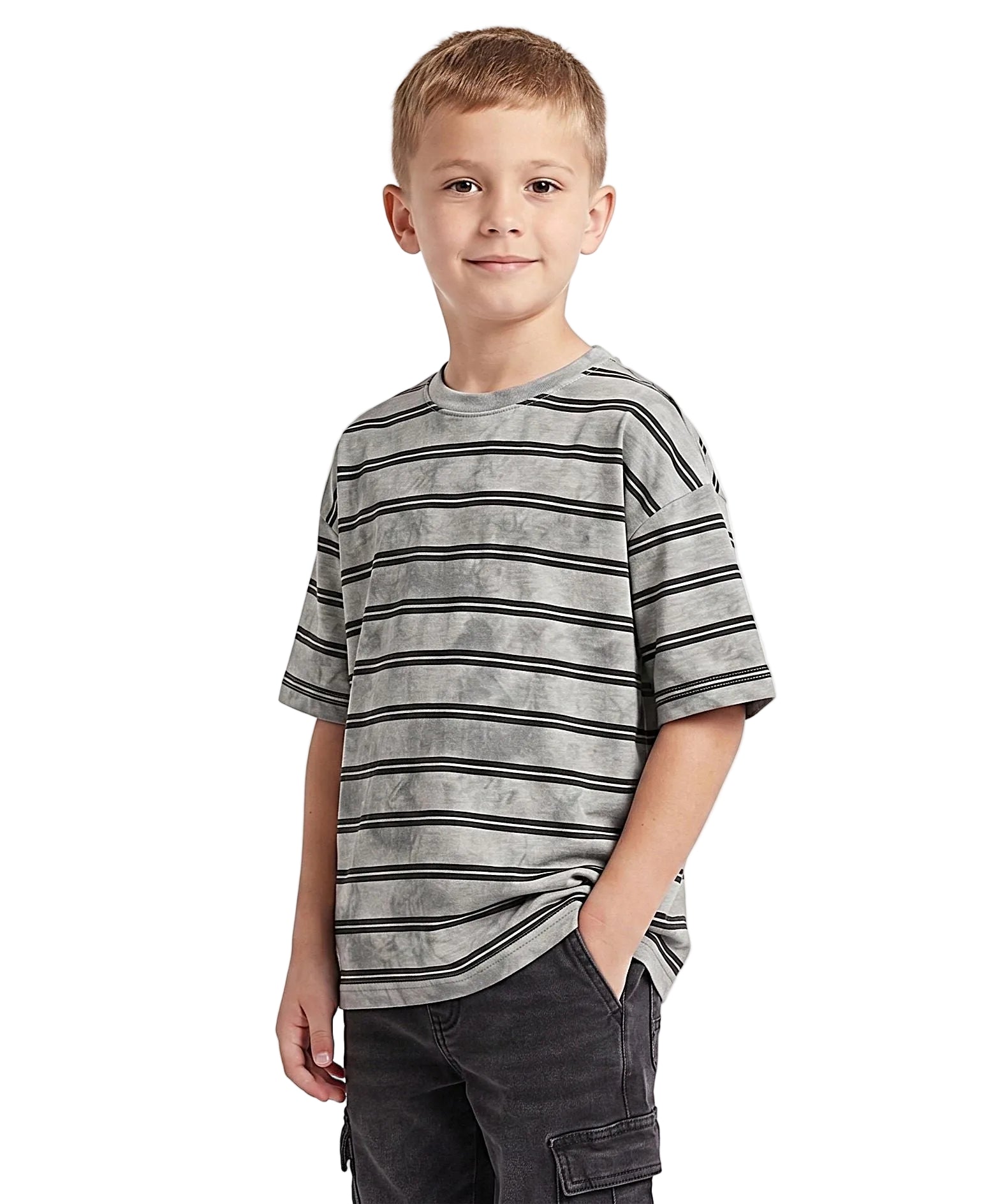 Side view of boys' grey tie-dye striped oversize t-shirt