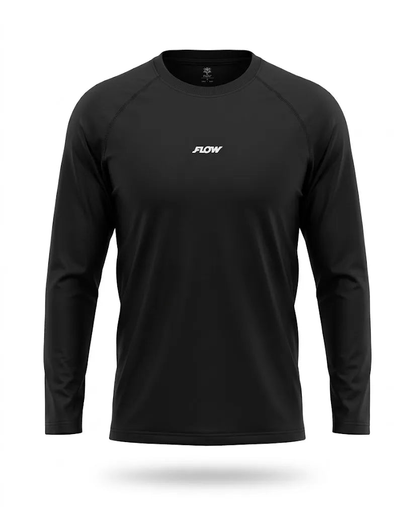 Detailed fit view of men's black athletic long-sleeve t-shirt from TREE