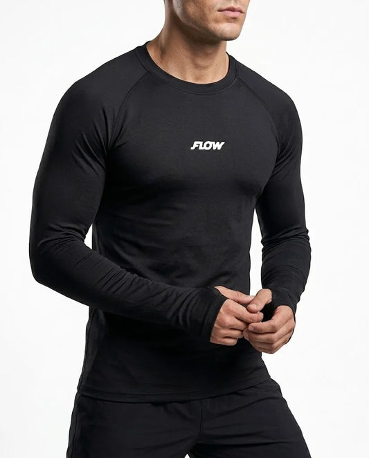 Back view of men's athletic long-sleeve performance shirt in black from TREE