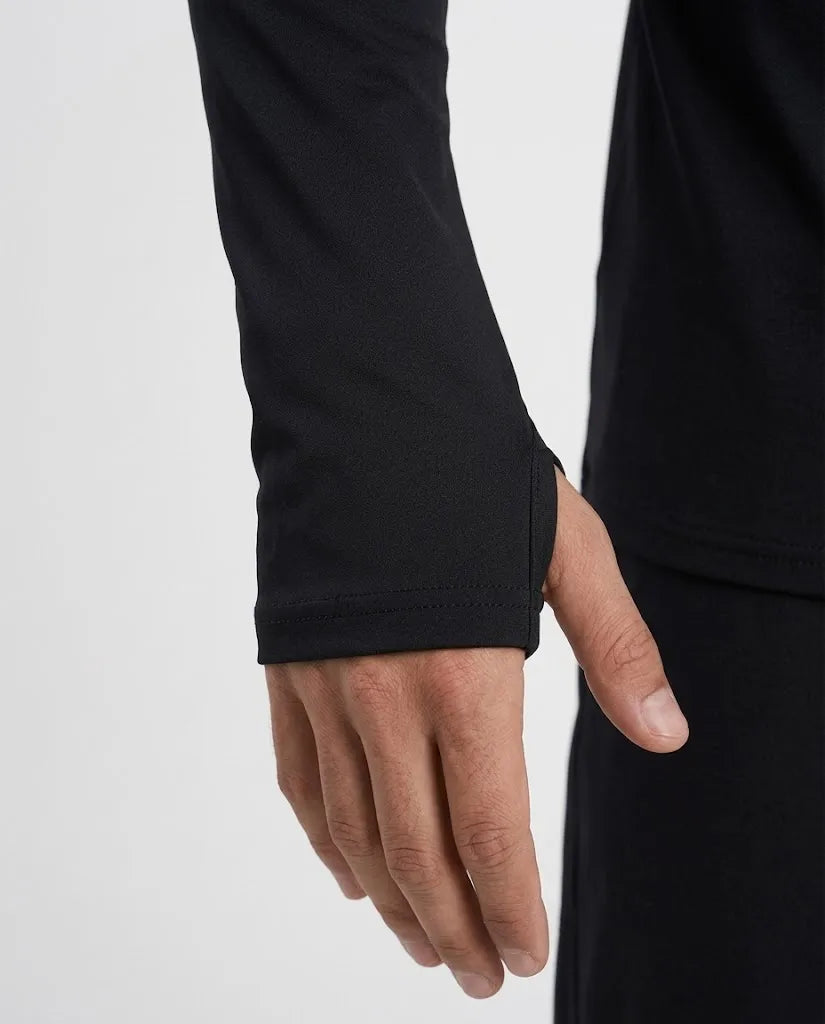  Close-up fabric texture and sleeve details of men's black sports t-shirt from TREE