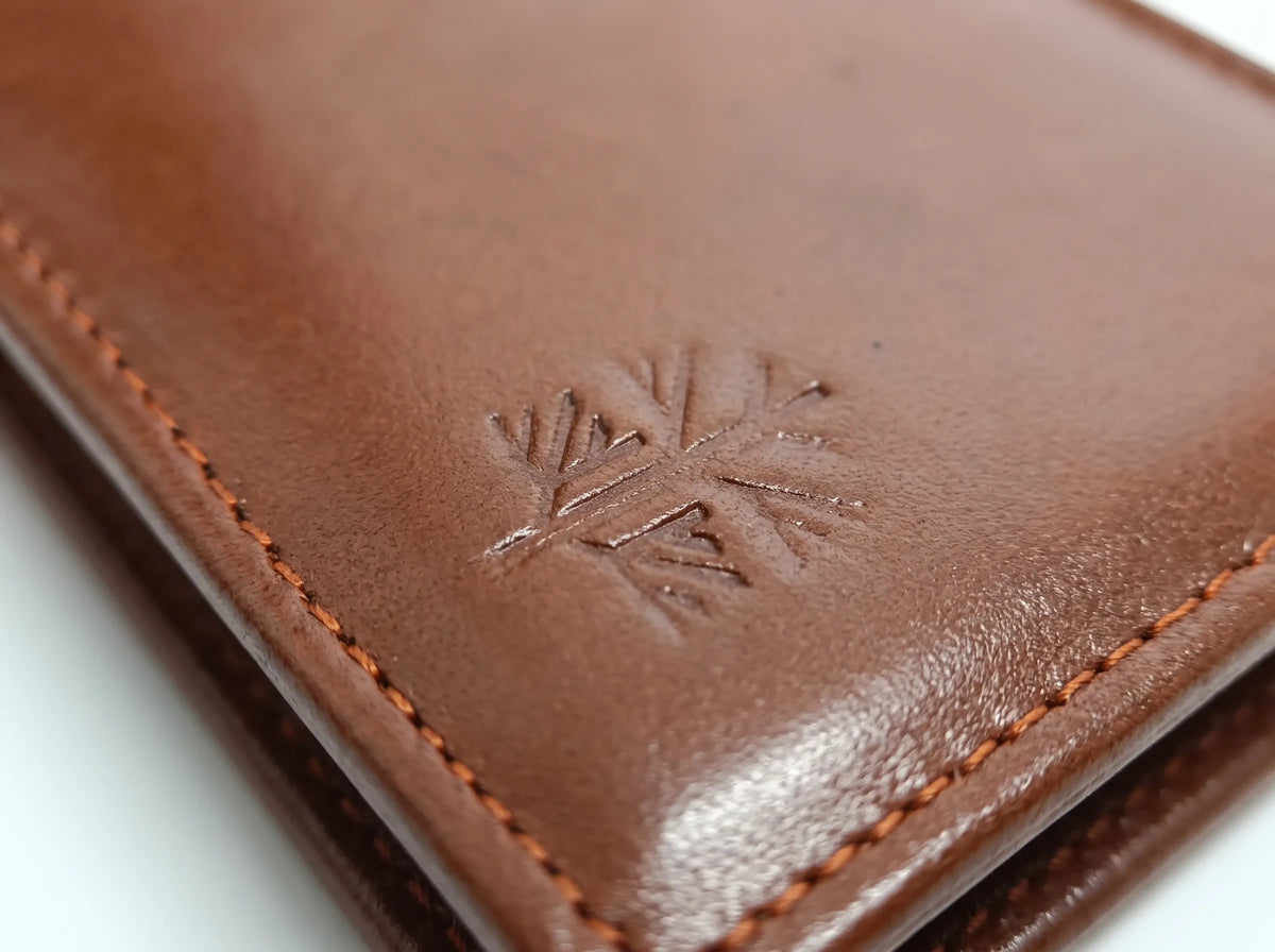  Close-up branding and leather texture details of men's Havan wallet from TREE