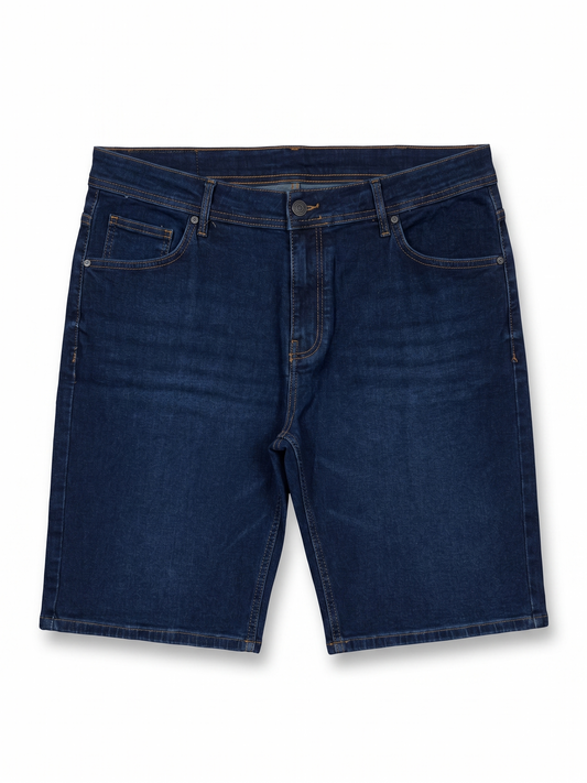 Blue denim shorts on a white background