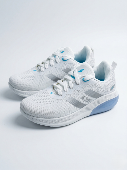 White running shoes with blue accents on a light gray background