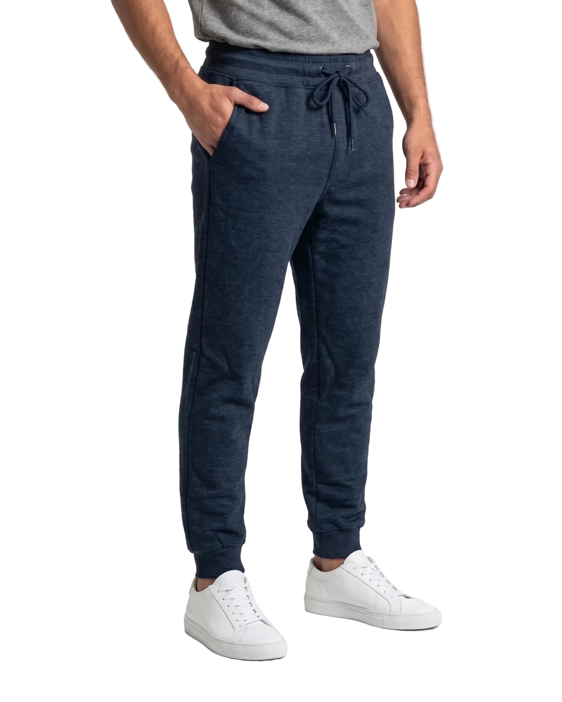 Close-up of the elastic waistband and adjustable drawstring on TREE's men's navy sweatpants