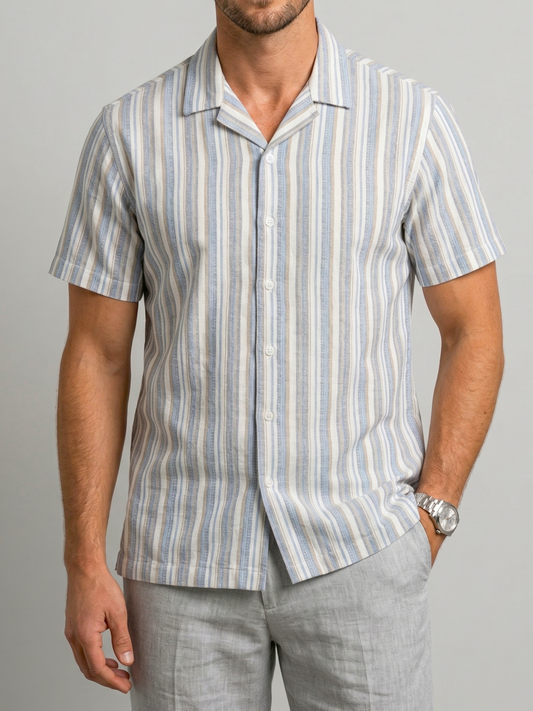 Men's Casual Striped Shirt – Short Sleeve - Light Blue