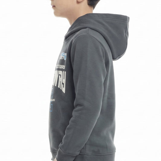 Boys' dark grey printed hoodie with speedway graphic by TREE   