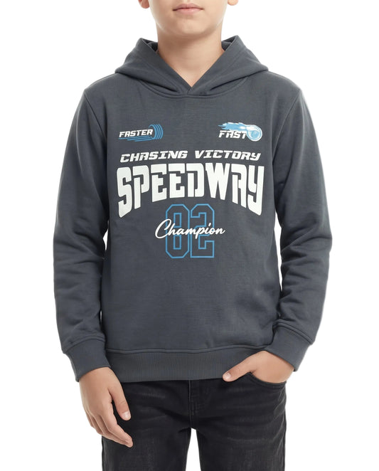 Boys' dark grey printed hoodie with speedway graphic by TREE   