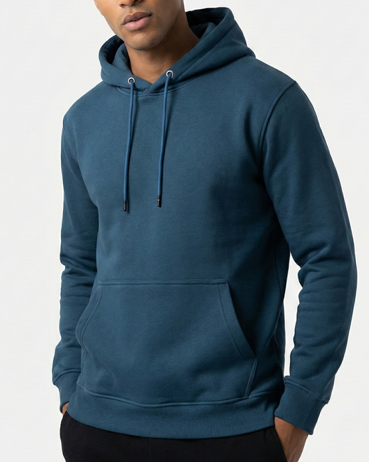 Men's Petrol Blue Basic Hoodie - Cotton Blend