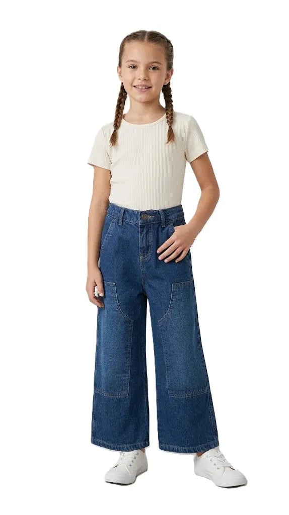 Girls' casual blue wide leg pants with visible texture and front patch pockets from TREE