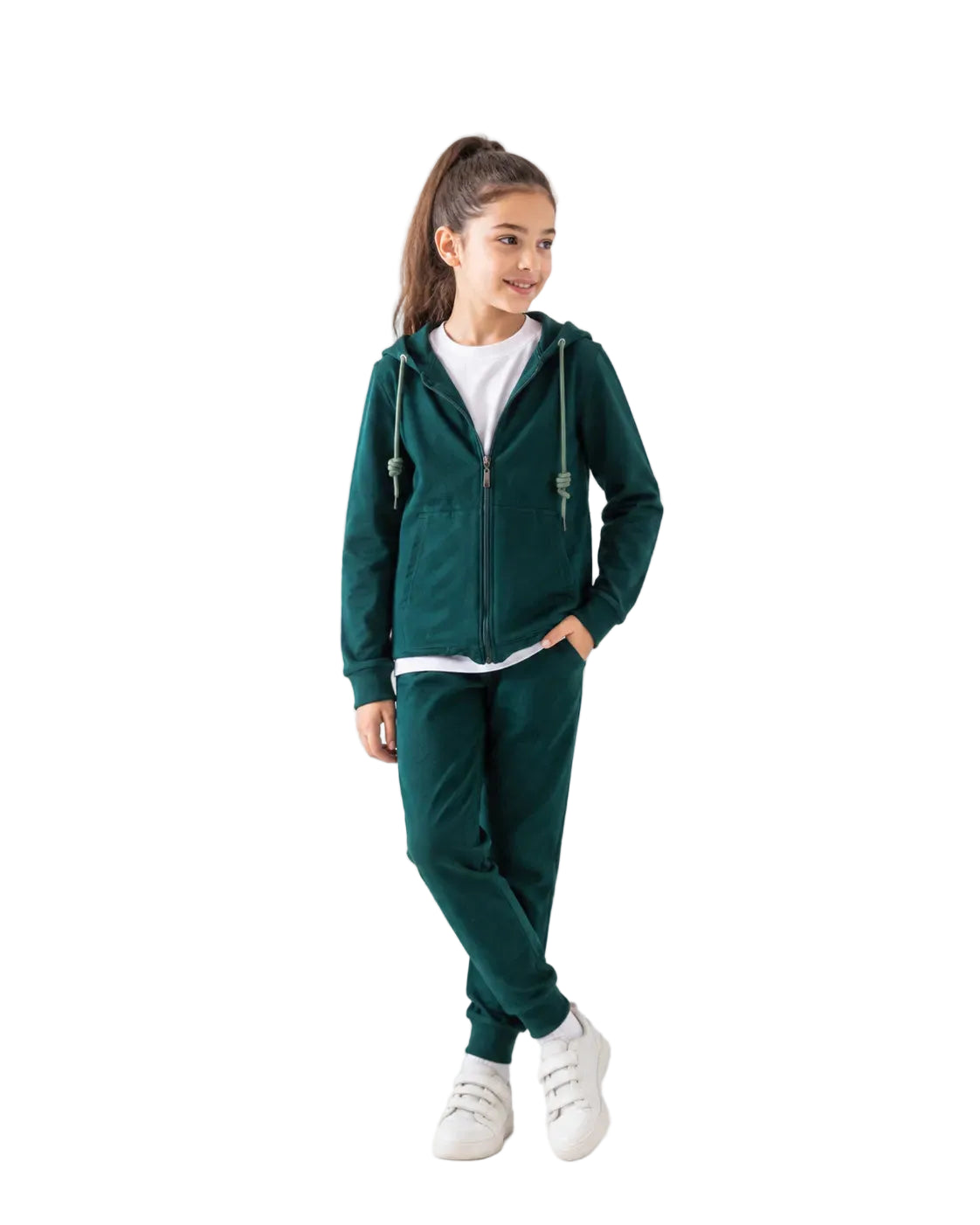 Girls' olive casual zip-up hoodie jacket with drawstrings by TREE