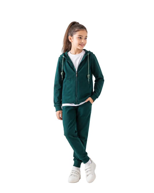 Girls' olive casual zip-up hoodie jacket with drawstrings by TREE