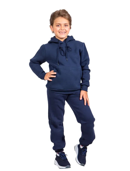 Front view of a young girl wearing a navy milton hoodie in a relaxed fit by TREE.