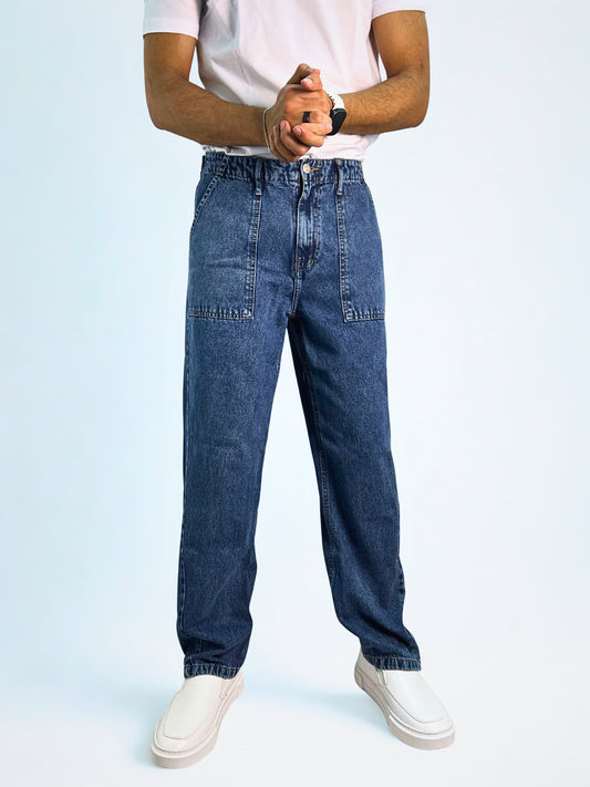 بنطبون جينز وايد ليج رجالي - أزرق
