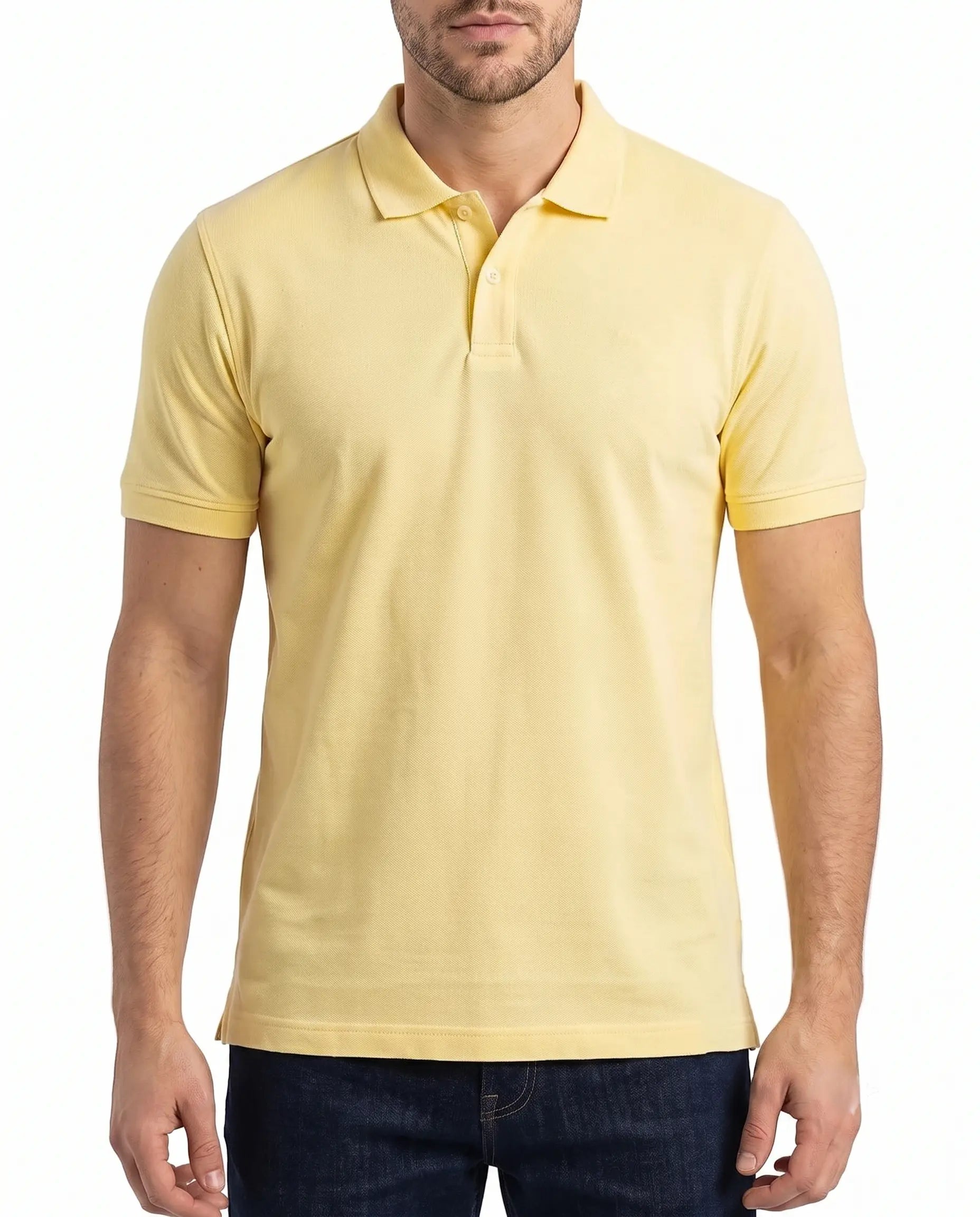 Man wearing a light yellow piqué polo shirt with a regular fit by TREE
