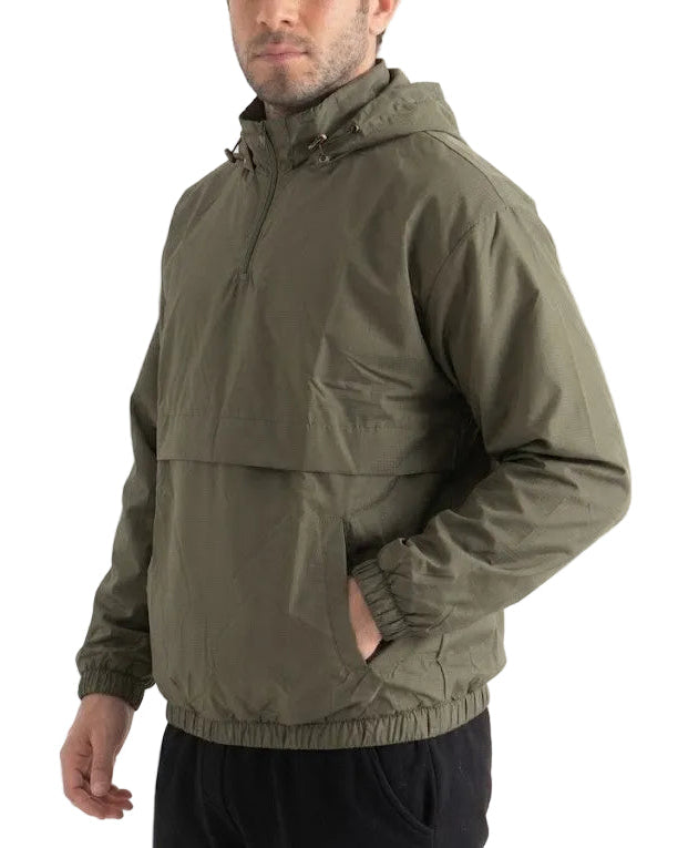 A man wearing an olive green hooded half-zip jacket, shown from the chest down against a plain white background.