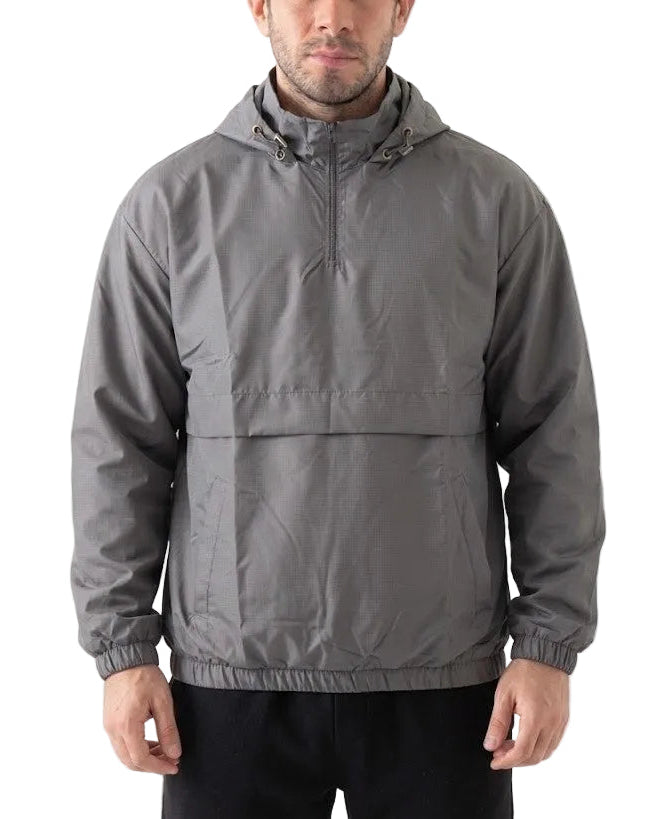 A man wearing a gray hooded anorak jacket with a half-zip front and elastic cuffs, shown from the waist up against a plain white background.