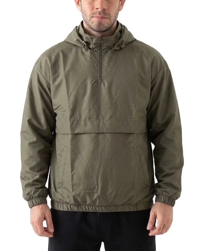 A man wearing an olive green hooded lightweight jacket with a half-zip front, elastic cuffs, and a front pocket, photographed against a plain white studio background.