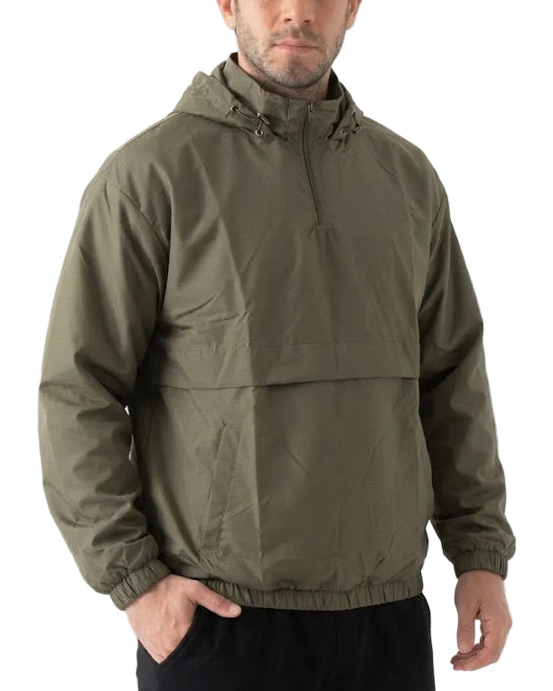 A man wearing an olive green hooded windbreaker jacket with a half-zip front and elastic cuffs, shown from the chest down against a plain white background.