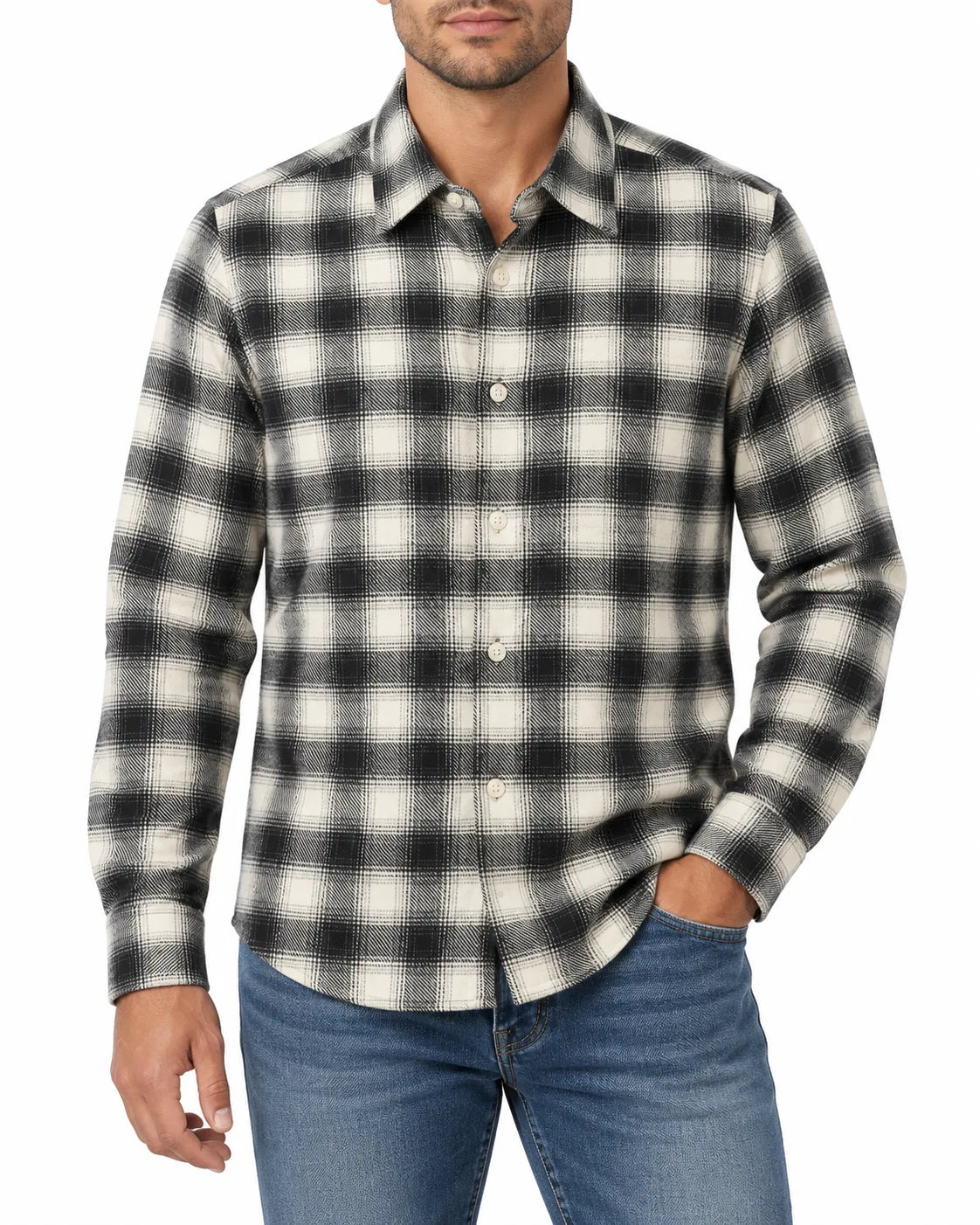 Men's winter 100% cotton plaid shirt in black and off-white
