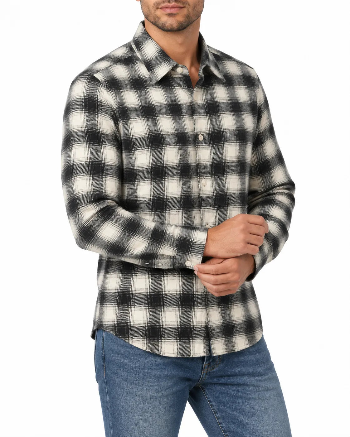 Men's winter plaid shirt with long sleeves and shirt collar