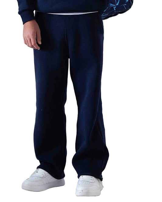 Front view of a kids' navy regular-fit casual pants featuring an elastic waistband by TREE.