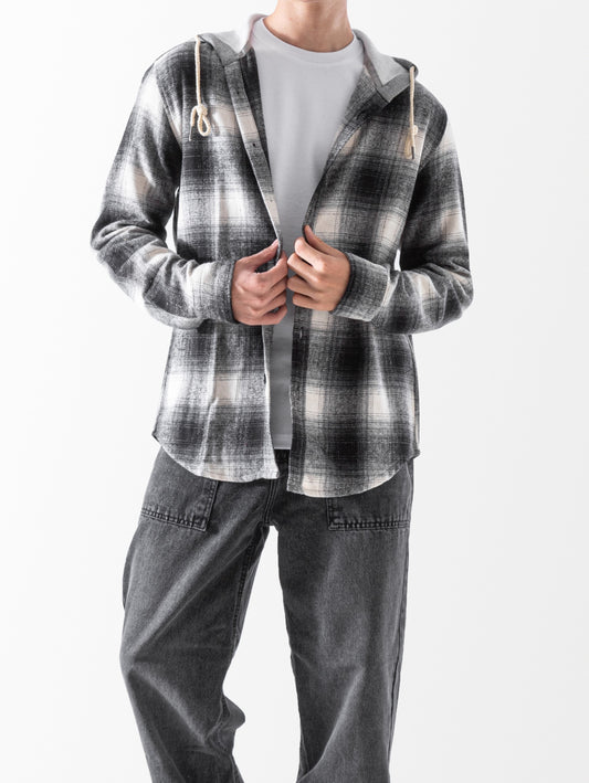 Men's Winter plaid shirt with hood - Grey
