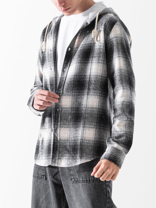 Men's Winter plaid shirt with hood - Grey
