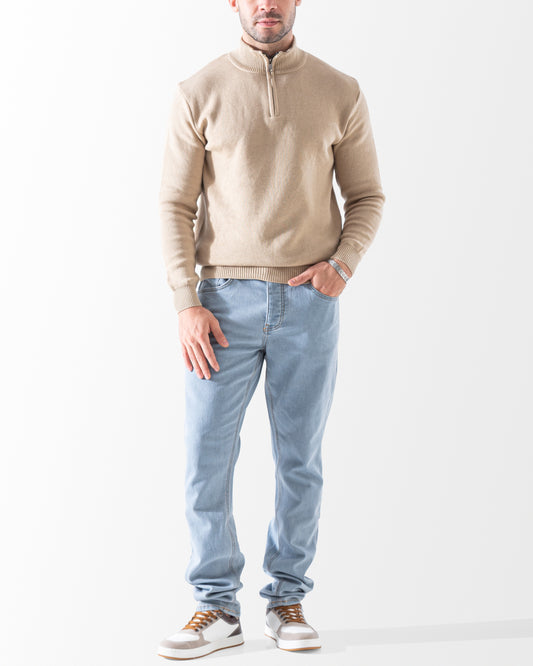 Men's Beige Half Zip Pullover Sweater - 100% Cotton