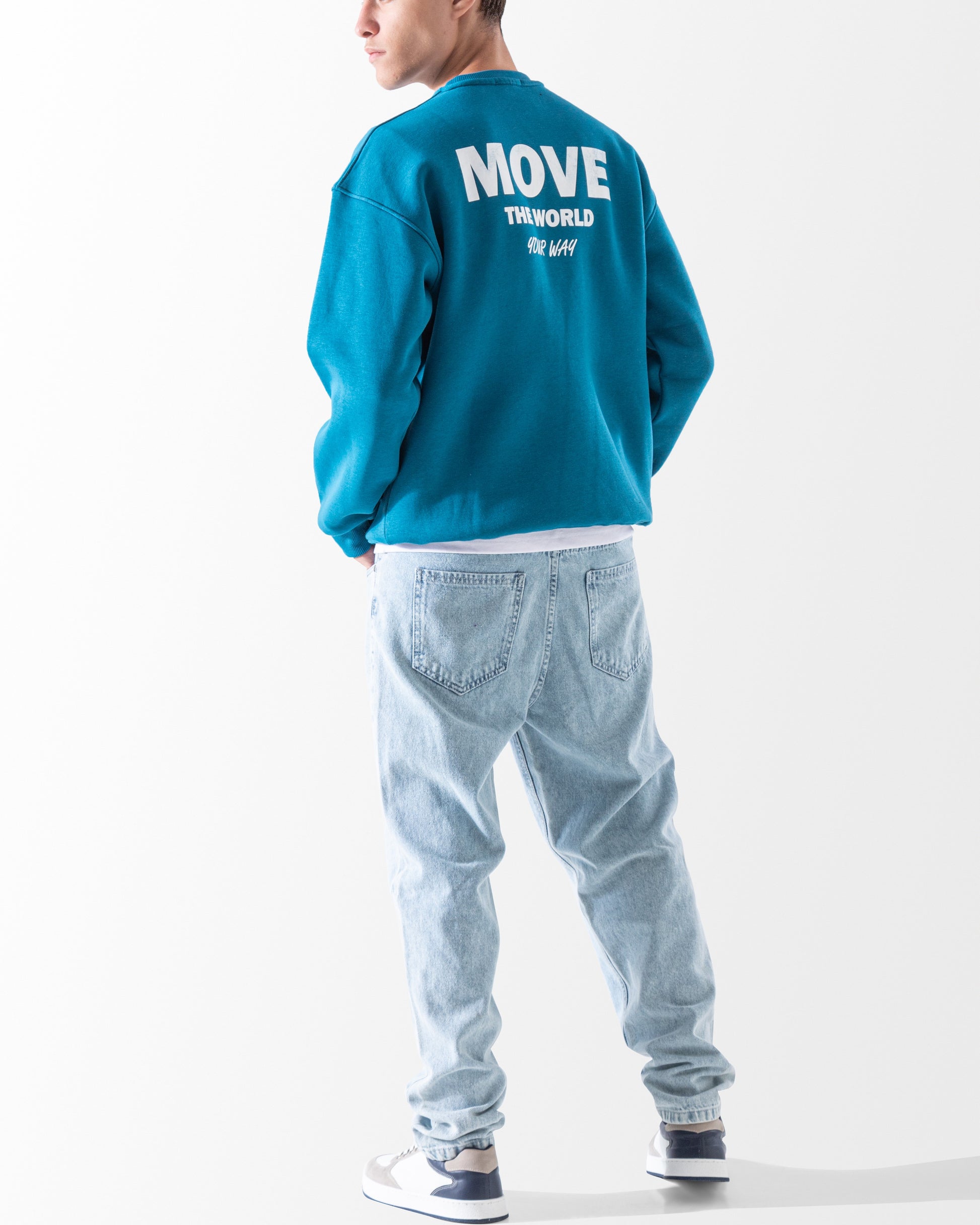 Men's teal sweatshirt back view with Move The World print