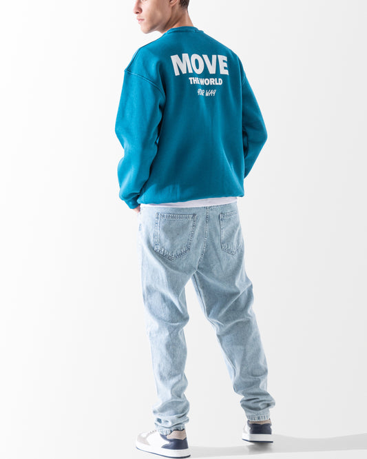 Men's teal sweatshirt back view with Move The World print