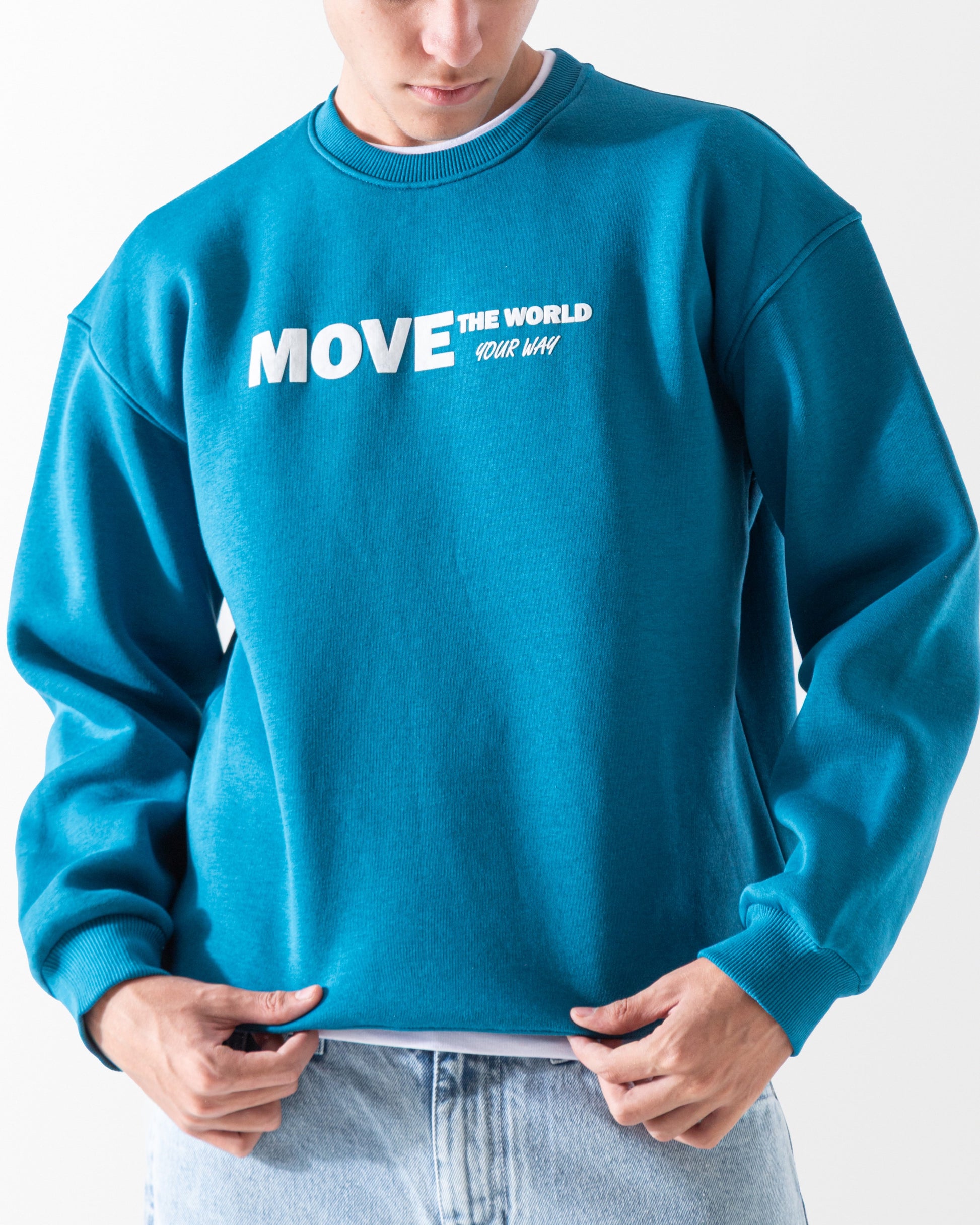 Close up of men's teal crew neck sweatshirt cotton blend