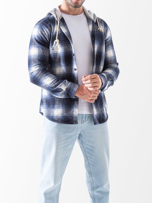 Men's Winter plaid shirt with hood - Blue